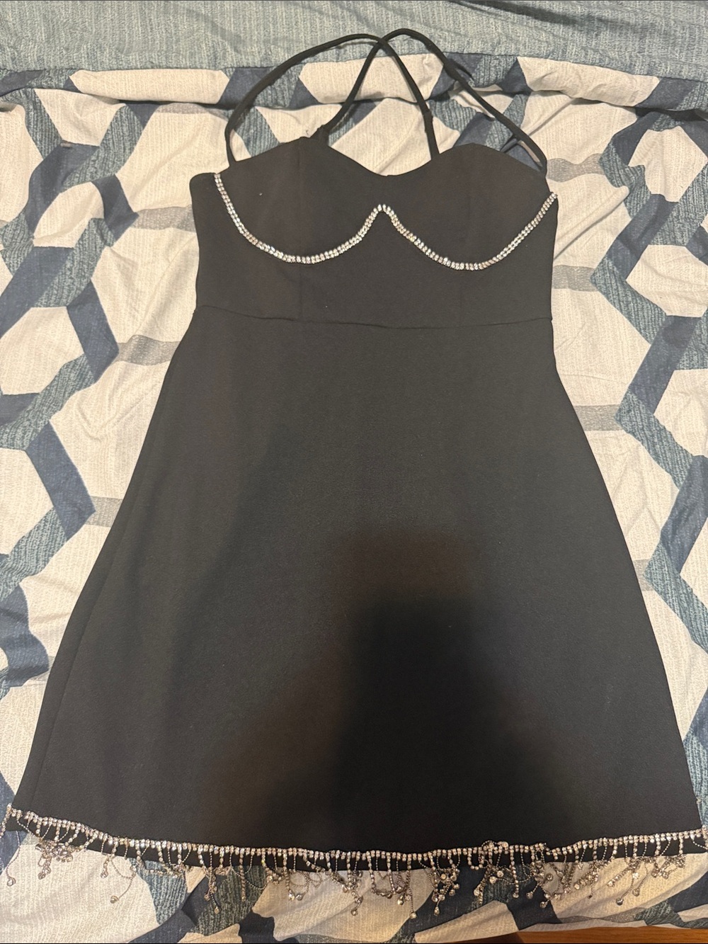 SHEIN Black Mini Dress with Rhinestone Bust and Beaded Hem